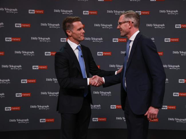 Chris Minns, and former NSW Premier Dominic Perrottet at the start of The NSW People’s Forum. Picture: Justin Lloyd.