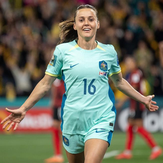 Hayley Raso of Australia celebrates her 2nd goal during the FIFA Women's World Cup Group B match between Canada and Australia.