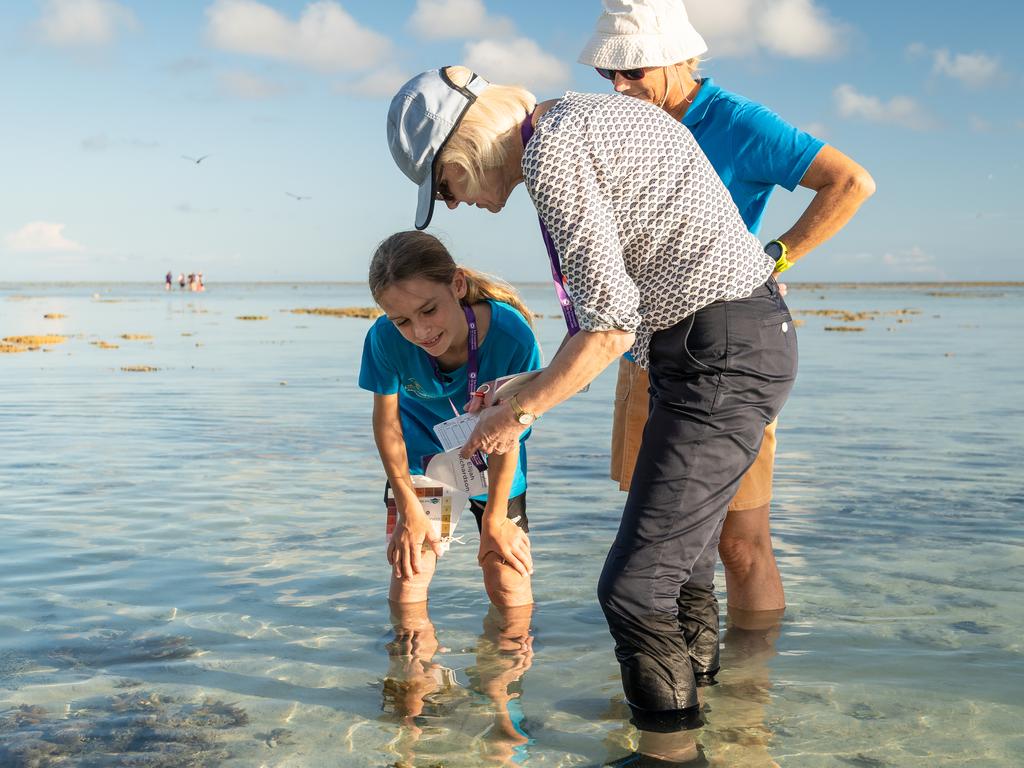 Coral Watch ambassador Elijah Richardson shows The University of Queensland Vice Chancellor Deborah Terry how to use a coral health colour chart at Heron Island. Photo: Nathan White Images.