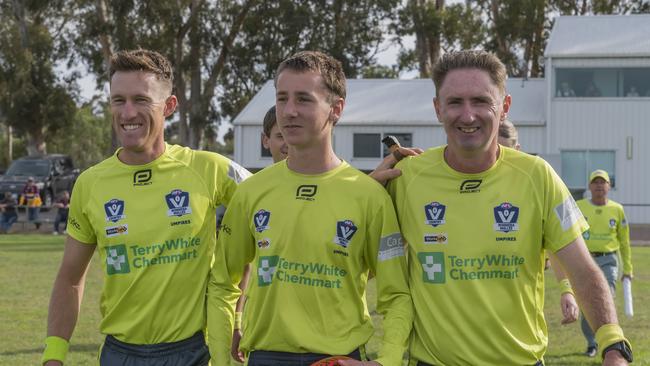 John Howorth with Phoenix Hopper and Cam Pickering as the trio umpire seniors in the Wimmera league. Picture: Shane Roberts.