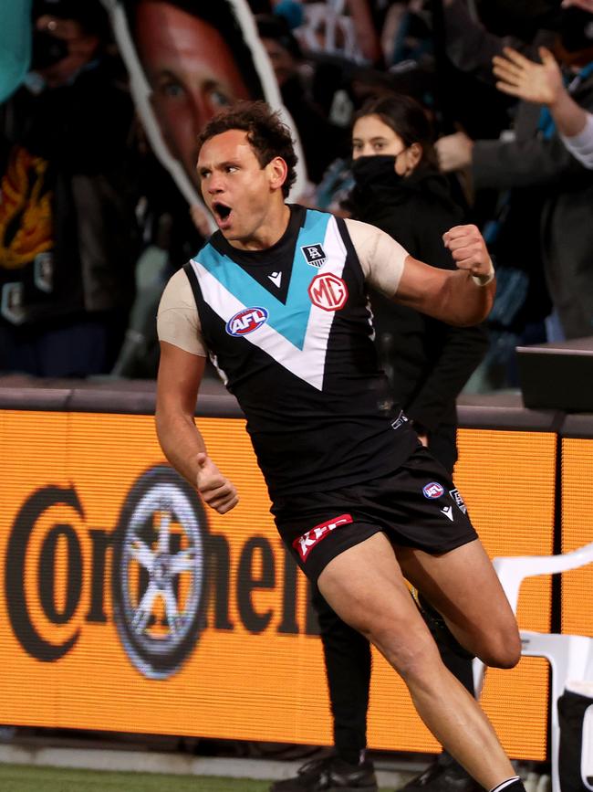 Steven Motlop celebrates a goal during the 2021 AFL finals series playing for Port Adelaide. (Photo by James Elsby/AFL Photos via Getty Images)