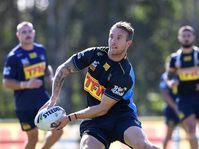 Kane Elgey during a Gold Coast Titans training session on the Gold Coast training session in 2018. Picture: AAP Image/Dave Hunt.