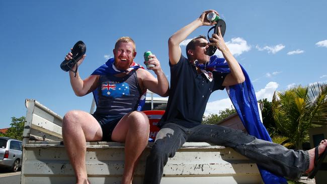 James Ross-Munro and Kane Wiblen celebrate their fame doing a 'thongie'. Photo: Kit Wise