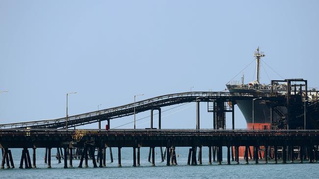 The wharf at South32's GEMCO manganese mining operation and wharf on Groote Eylandt, before it was badly damaged by Cyclone Megan in March.