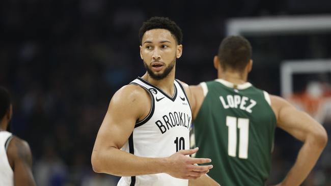 Ben Simmons #10 of the Brooklyn Nets reacts after being called for a technical foul during the first half of the game against the Brooklyn Nets at Fiserv Forum on October 26, 2022 in Milwaukee, Wisconsin. (Photo by John Fisher/Getty Images)