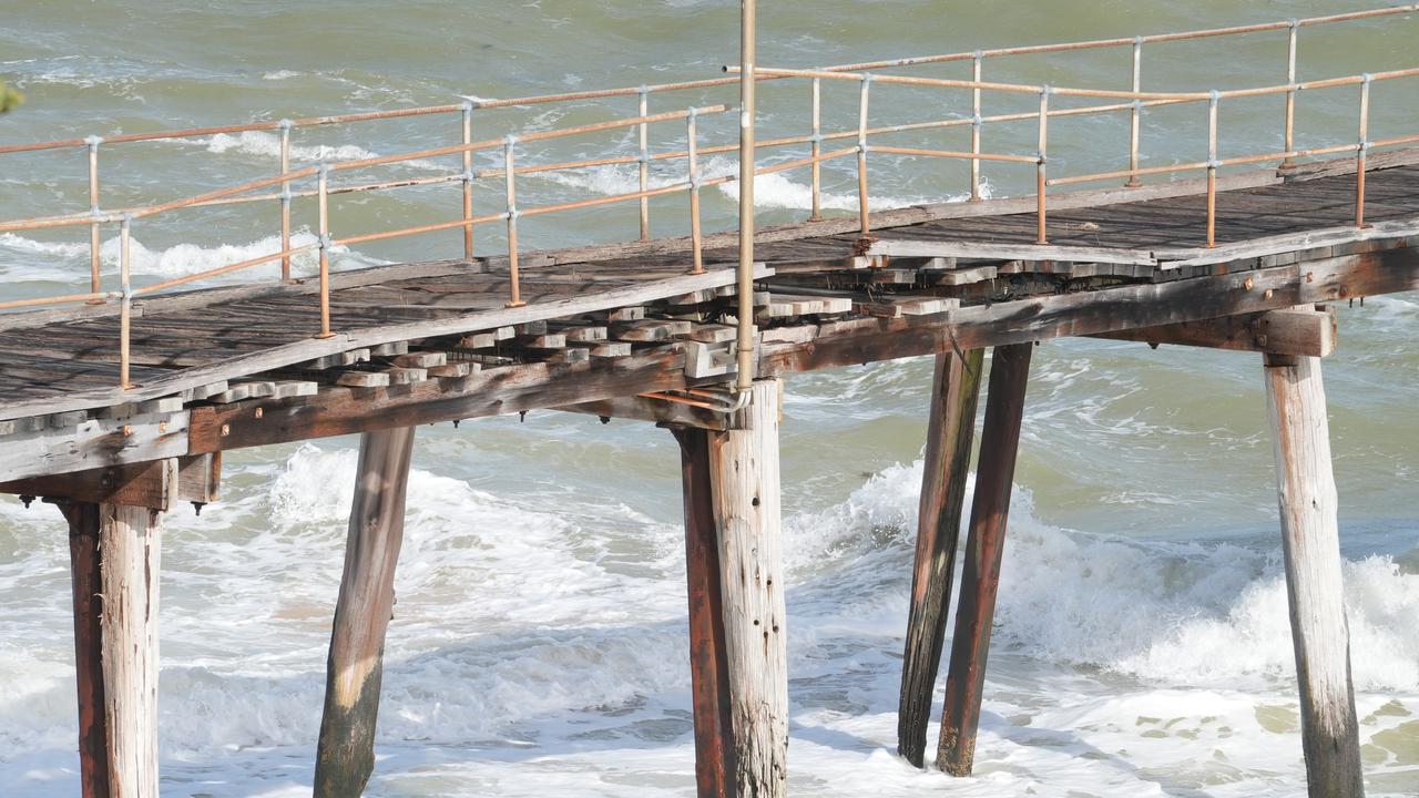 Port Noarlunga Jetty was severely damaged in yesterday’ storm. Picture: Dean Martin