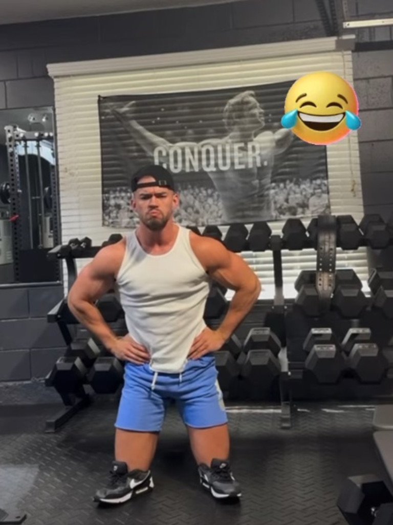 Austin Theory pretends to be Joey Swoll. Photo: Instagram, @graysonwallerwwe.