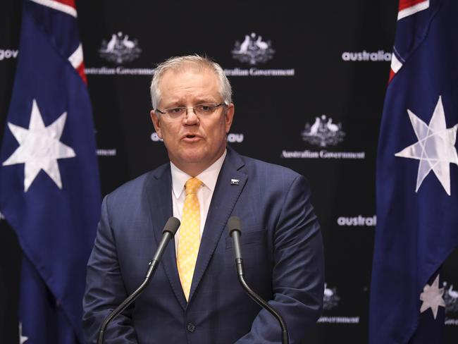 Australian Prime Minister Scott Morrison speaks to the media during a press conference at Parliament House in Canberra, Tuesday, May 5, 2020. (AAP Image/Lukas Coch) NO ARCHIVING