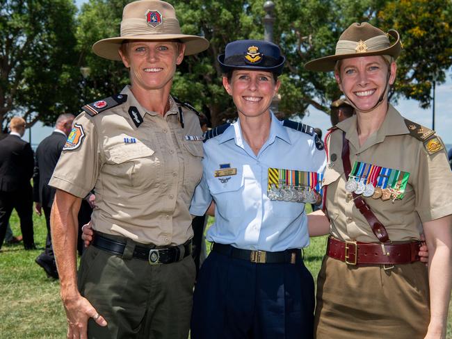 Kate Chambers AC Correction, WGCDR Lauren Guest CSC and LTCOL Emma Bucknell at the Darwin Cenotaph's Remembrance Day service, 2024. Picture: Pema Tamang Pakhrin