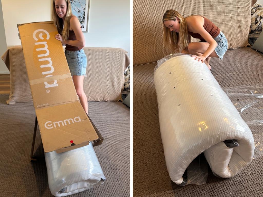 See here for a much more back-friendly mattress removal. By sliding the Emma Luxe Mattress out of the bottom of the box, it's super easy to unpack. Image: Jessica Smith