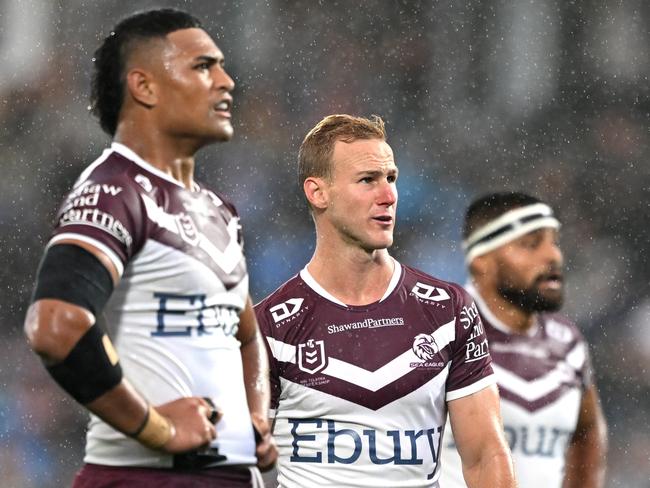 A late penalty denied the Sea Eagles victory in Auckland, but they’ll still walk away with one point, after drawing with the Warriors after golden point. Picture: Getty Images