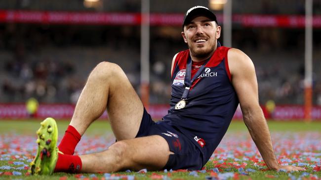 Michael Hibberd savours Melbourne’s 2021 premiership. Picture: Dylan Burns/AFL Photos via Getty Images