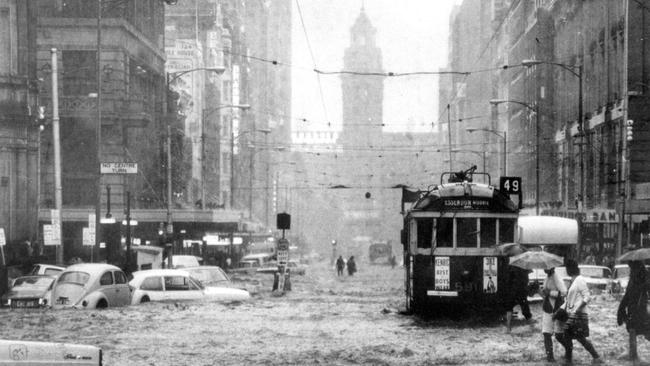 Elizabeth St, Melbourne CBD, during heavy rainfalls in 1972