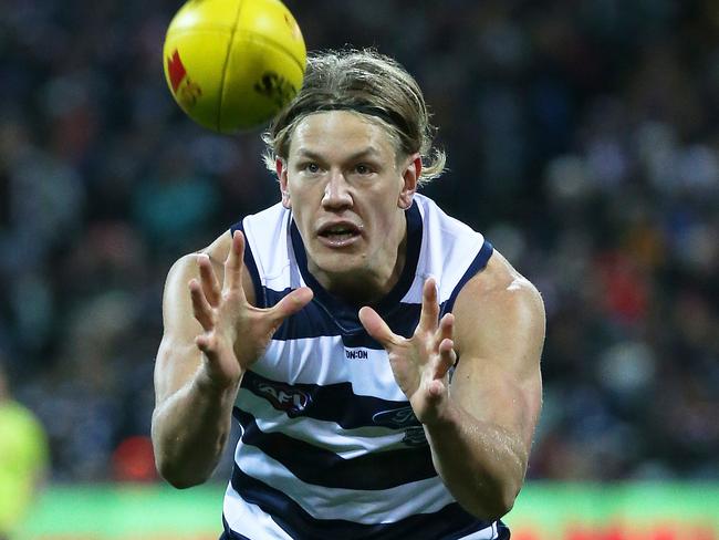 Rhys Stanley of the Cats during the Round 17 AFL match between the Geelong Cats and the St Kilda Saints at GMHBA Stadium in Geelong, Saturday, July 13, 2019. (AAP Image/George Salpigtidis) NO ARCHIVING, EDITORIAL USE ONLY