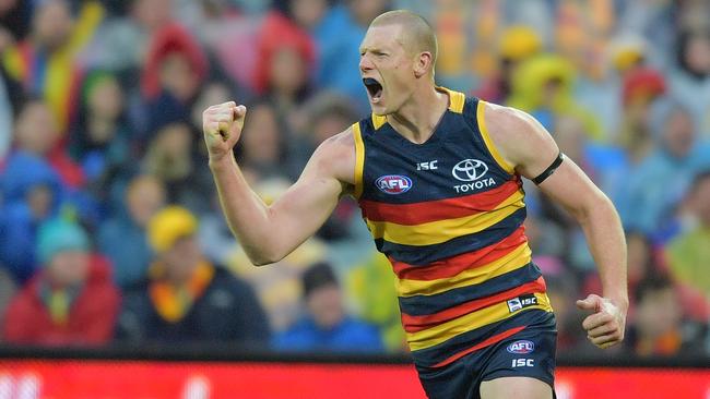 Sam Jacobs celebrates a goal against Port Adelaide in the Showdown.