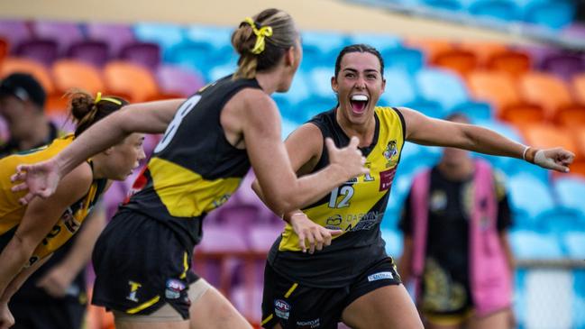 Nightcliff players celebrate winning the 2024-25 NTFL women's preliminary final against PINT. Picture: Patch Clapp / AFLNT Media