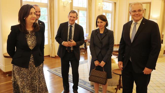 Prime Minister Scott Morrison and the Governor General welcome the National Cabinet Premiers and State leaders from around the country for the first National Cabinet meeting of 2020. Picture: Adam Taylor/PMO