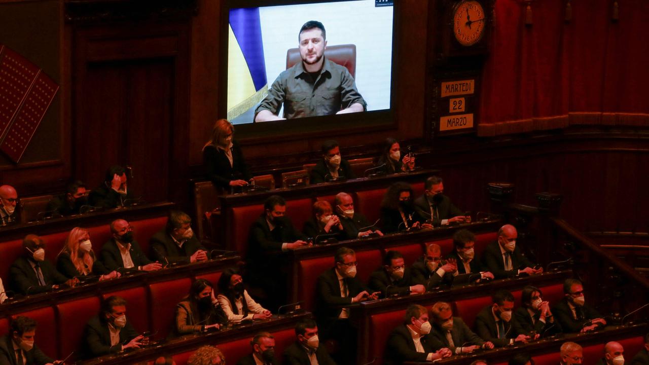 Ukrainian President Volodymyr Zelensky addresses the Italian parliament via videolink. Picture: REMO CASILLI / AFP