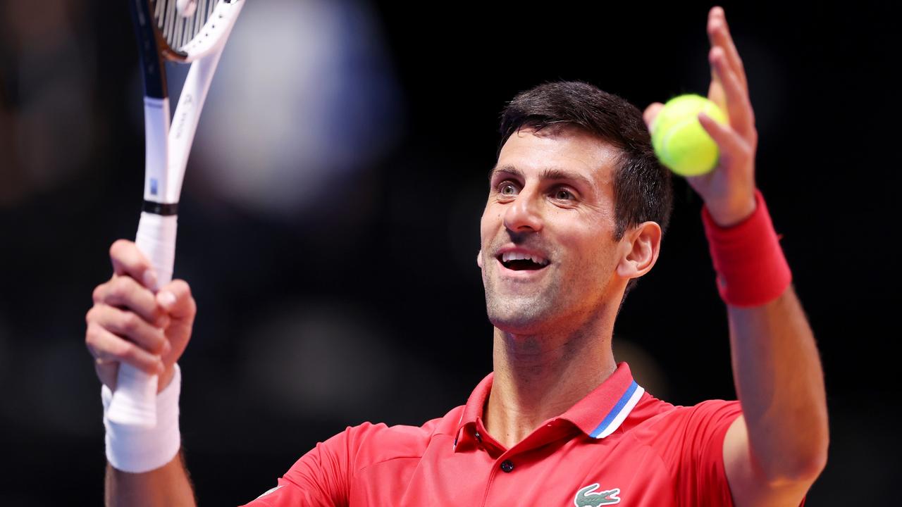 DUBAI, UNITED ARAB EMIRATES - DECEMBER 23: Novak Djokovic of Falcons reacts while playing against Sebastian Ofner of Kites during day five of the World Tennis League at Coca-Cola Arena on December 23, 2022 in Dubai, United Arab Emirates. (Photo by Christopher Pike/Getty Images)
