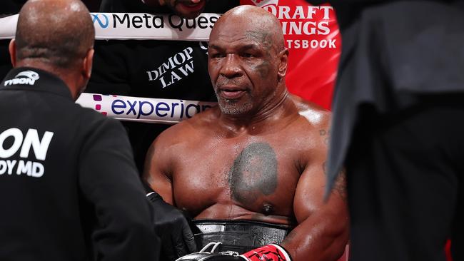 Tyson on his stool during the fight. (Photo by Al Bello/Getty Images for Netflix Ã‚Â© 2024)