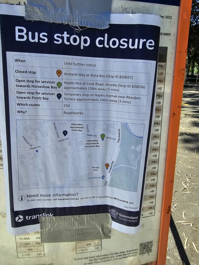 Route 250 bus services on Magnetic Island were diverted from Armand Way from September 2023 due to Townsville City Council roadworks on Armand Way, which impacted Alma Bay bus stop. Picture: Supplied