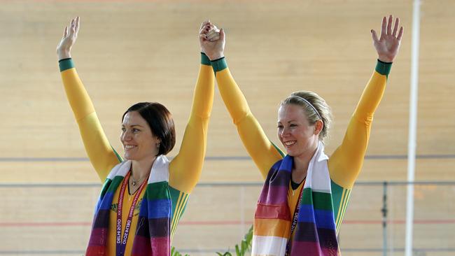 2010 Commonwealth Games women's team sprint gold medal winners Anna Meares and Kaarle McCulloch.