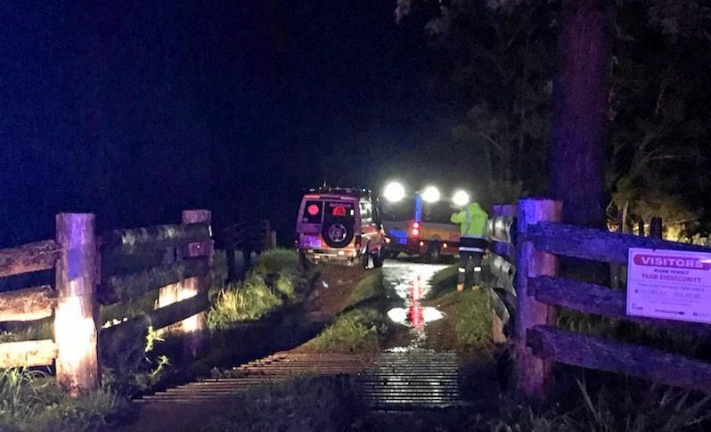 Swift  water rescue team is on  the scene at a Mary's Creek farm where a car has been swept away in flash flooding. Picture: Tom Daunt