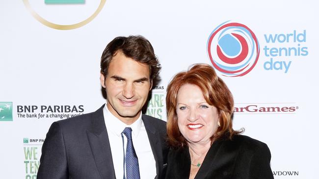 Roger Federer with Karen Scott Happer, who is bringing her Taste of Tennis event to Sydney and transforming it into Taste of Turf for the Everest Carnival.