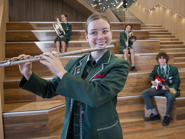 Music students Estella Nagas ,17,Immi Beattie,17,Jack McDonald 17 and Archer Byrne,17 enjoy the new  Forder Centre at Westminster School (First Names Only Please).Monday,May2,2022.Picture Mark Brake