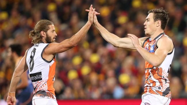 Callan Ward and Jeremy Cameron celebrate a goal. Picture: AAP