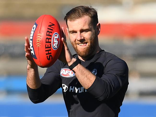 MELBOURNE, AUSTRALIA - JUNE 24: Sam Docherty of the Blues marks during a Carlton Blues AFL media opportunity at Ikon Park on June 24, 2019 in Melbourne, Australia. (Photo by Quinn Rooney/Getty Images)