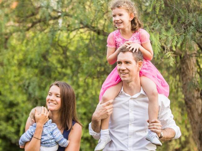 Labor’s candidate for Reid pictured with wife Rose and two children in North Strathfield. 