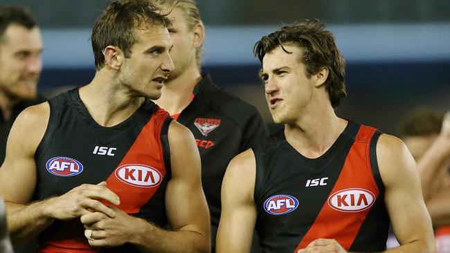 Jobe Watson and Andrew McGrath after the club’s first JLT game. Picture: Wayne Ludbey