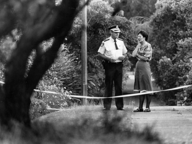 Police at the scene of Muriel Falconer’s murder in November 1989.