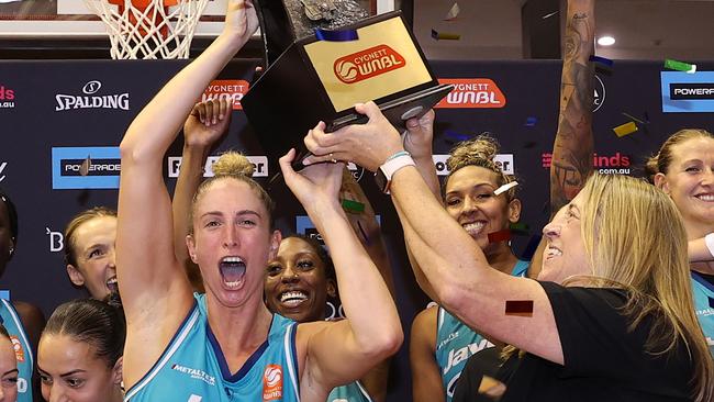 MELBOURNE, AUSTRALIA - MARCH 17: Rebecca Cole (c) of the Flyers and Cheryl Chambers, Coach of the Flyers celebrate winning the WNBL Championship during the game three of the WNBL Grand Final series between Southside Flyers and Perth Lynx at Melbourne Sports Centre Parkville, on March 17, 2024, in Melbourne, Australia. (Photo by Kelly Defina/Getty Images) (Photo by Kelly Defina/Getty Images)