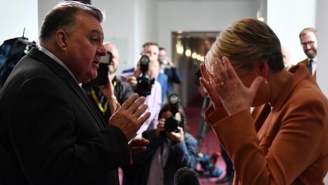 Liberal MP Craig Kelly and Labor frontbencher Tanya Plibersek engage in an impromptu row in the halls of the parliamentary press gallery. Picture: Getty Images