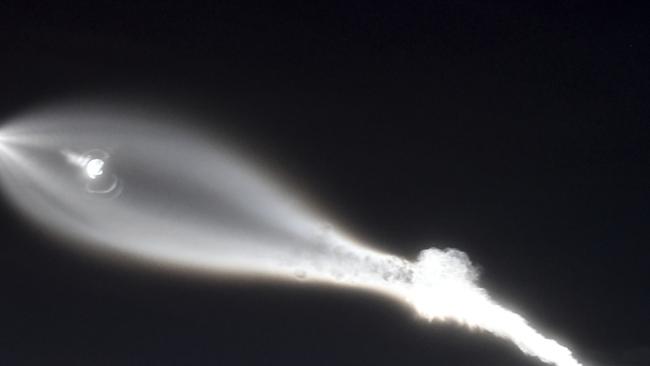 The contrail from a SpaceX Falcon 9 rocket is seen in the sky in Apple Valley, California. Picture: AP
