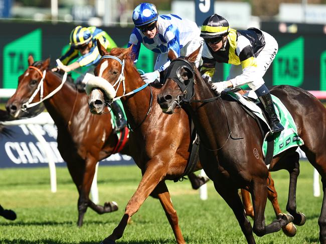 SYDNEY, AUSTRALIA - APRIL 06: Jamie Kah riding  Good Banter wins Race 4 Adrian Knox Stakes during Sydney Racing at Royal Randwick Racecourse on April 06, 2024 in Sydney, Australia. (Photo by Jeremy Ng/Getty Images)