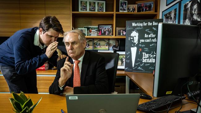 Don Farrell hams it up for the cameras while discussing his political life and nickname as ‘The Godfather’ of the Labor Party in SA. Picture: Tom Huntley