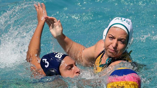 Zoe Arancini #9 of Australia and Marina Zablith #3 of Brazil battle for the ball during Australia’s 10-3 win.