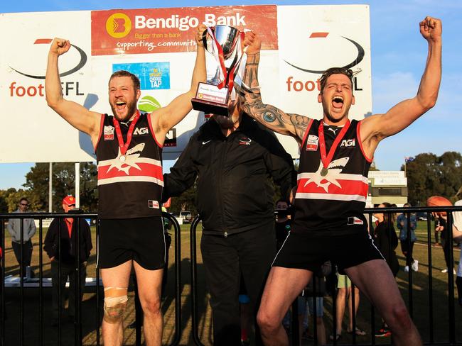 Jarrod Bayliss (right) took Park Orchards to its first senior premiership in 2017. Picture: Davis Harrigan