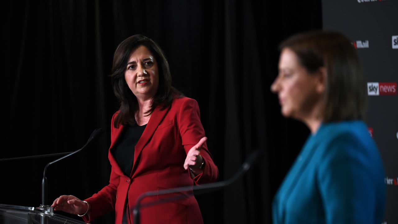 Annastacia Palaszczuk and Deb Frecklington in a fiery debate during the Courier-Mail/Sky News People's Forum on Wednesday. Picture: Dan Peled/NCA NewsWire