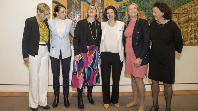 Independents Zali Steggall and other teal independents spoke to media in Parliament House in Canberra. Left to right: Zoe Daniel, Sophie Scamps, Zali Steggall, Allegra Spender, Kylea Tink and Monique Ryan. Picture: NCA NewsWire / Gary Ramage