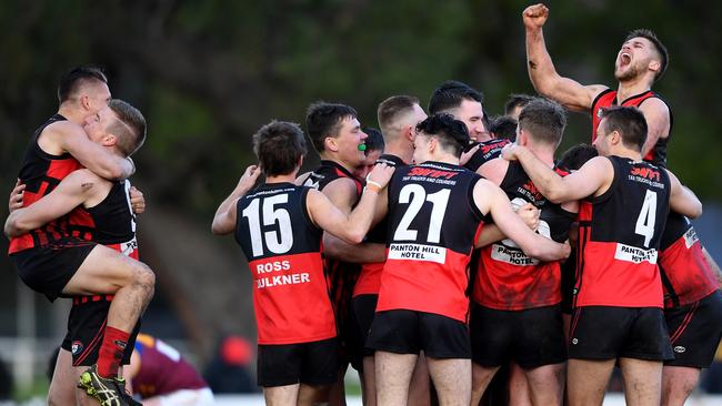 Panton Hill players celebrate after winning the NFL Division 3 premiership in 2019. Picture: Andy Brownbill