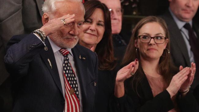 Astronaut Buzz Aldrin sports a patriotic tie. Picture: Getty Images