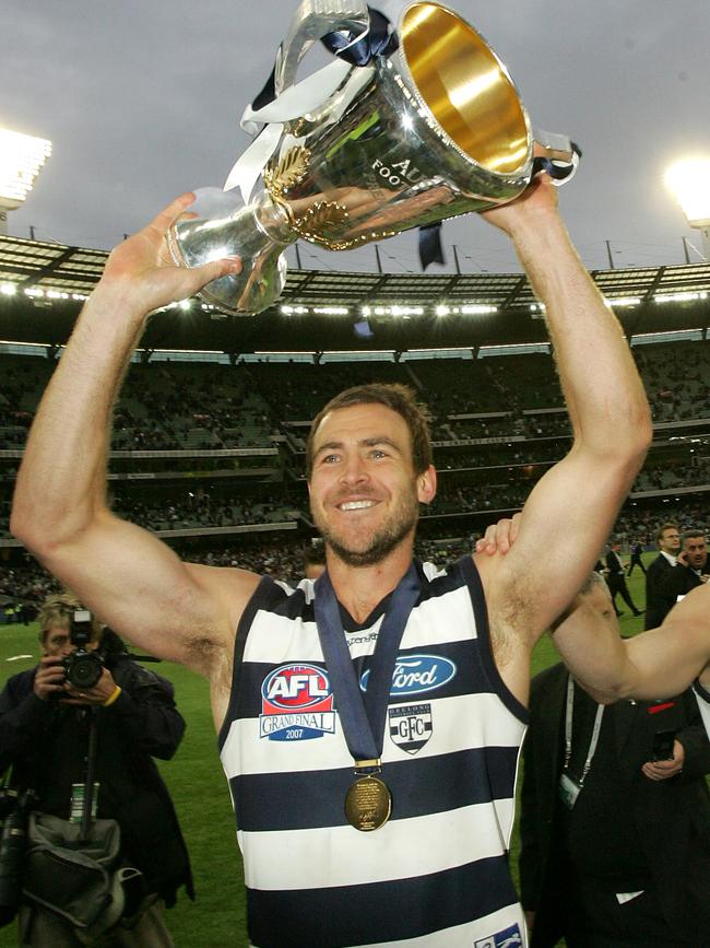 AFL Grand Final 2007 Geelong v Port Adelaide at MCG Geelong 24.19.163 defeated Port Adelaide 6.6.44 Steven King holds the premiership cup aloft