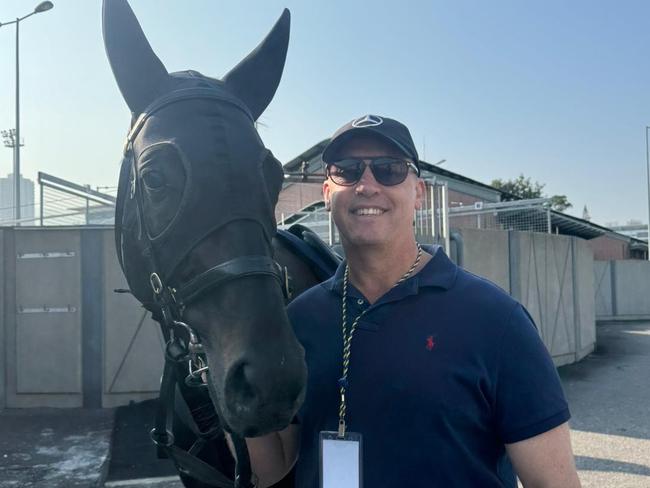 Brisbane trainer Tony Gollan with his Group 1 Hong Kong Mile Hope Antino at the Sha Tin quarantine stables. Picture: Supplied.