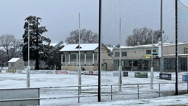 The Omeo football ground blanketed in snow just days before the Omeo and District Football-Netball League grand final. Picture: Supplied