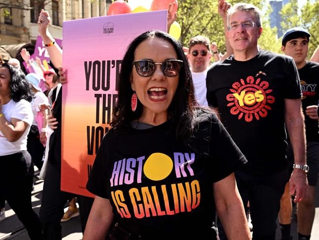 Australia's Minister for Indigenous Australians Linda Burney marches in a "Walk for Yes" rally in Melbourne on September 17, 2023. Thousands joined "Walk for Yes" events in major cities, ahead of the referendum that could grant Indigenous Australians a constitutionally enshrined right to be consulted on policies that affect them -- a "Voice to Parliament". (Photo by William WEST / AFP)