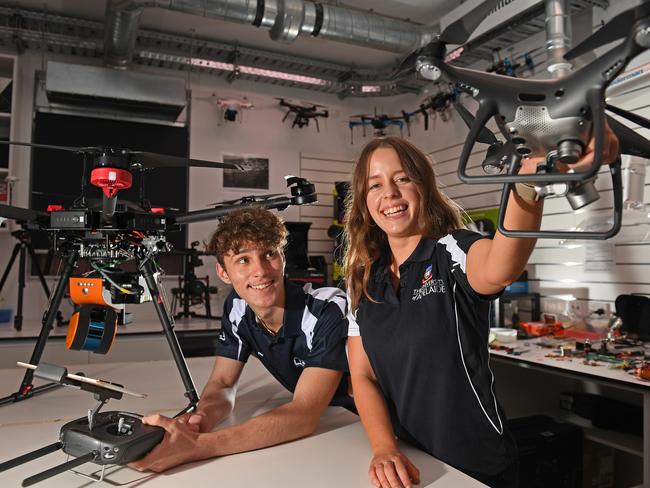 15/06/20 - Seaton High student Lance Mihic year 12, being trained in drone technology by Molly Hennekam, manager at the University of Adelaide's Unmanned Research Aircraft Facility. Picture: Tom Huntley